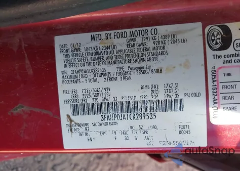 2012 Ford Fusion Sel from USA, damaged, VIN 3FAHP0JA1CR289535